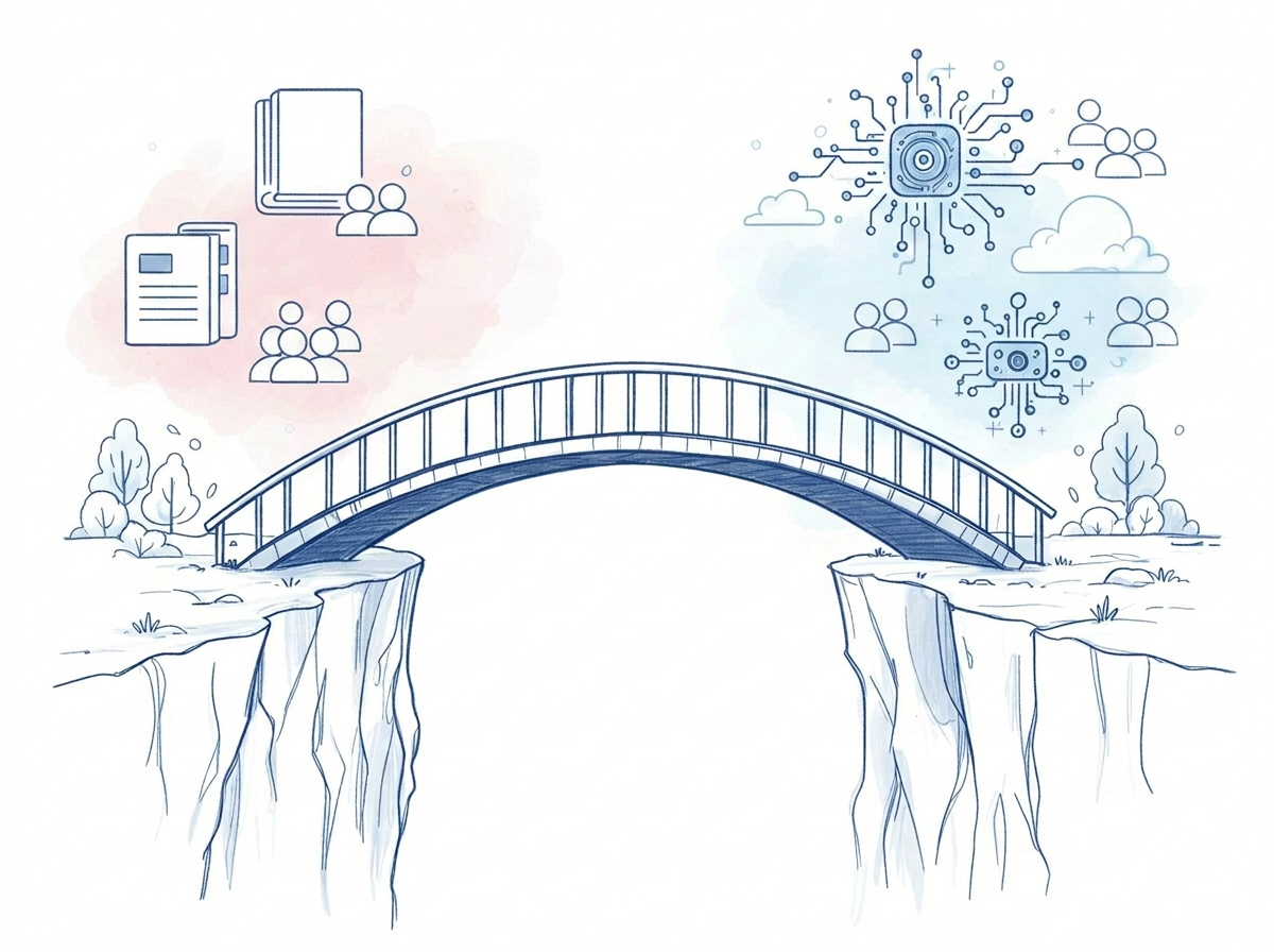 Hand-drawn arched bridge spanning a gap between two cliffs, with book and people icons on the left side and AI and circuit icons on the right side, illustrating the connection between community and AI.