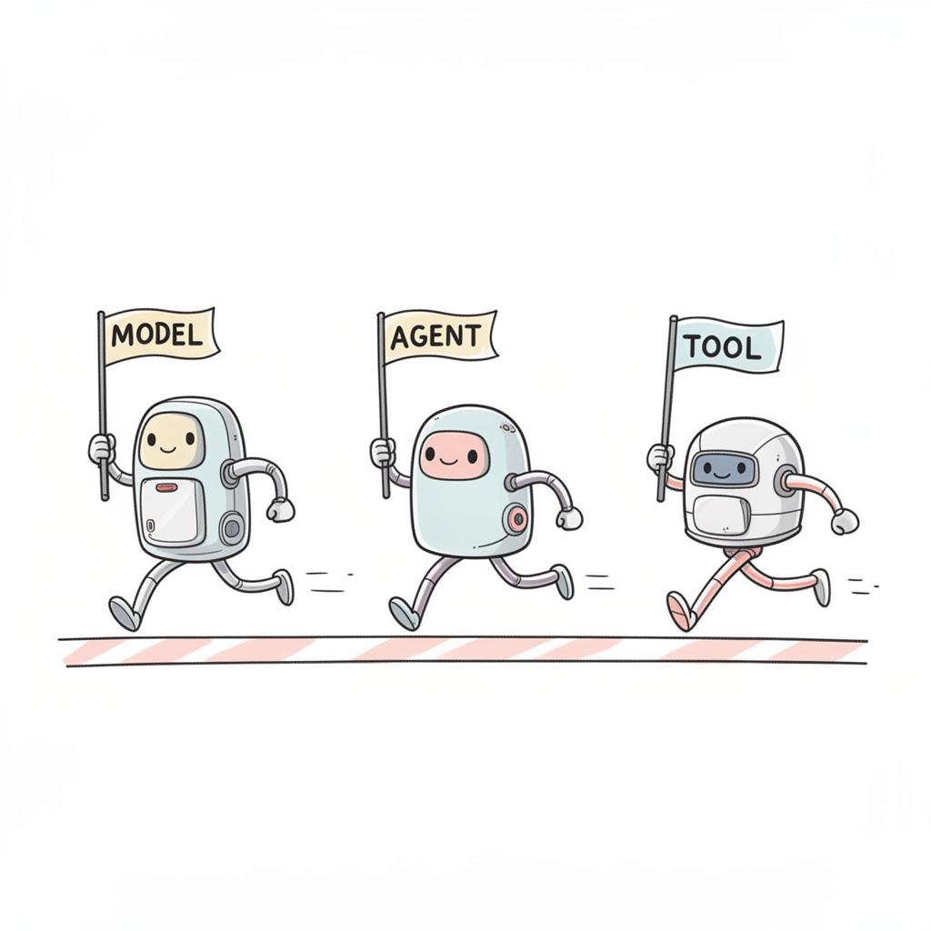 Hand-drawn illustration of three labeled robot mascots — Model, Agent, and Tool — sprinting ahead on a track, each carrying a small flag.